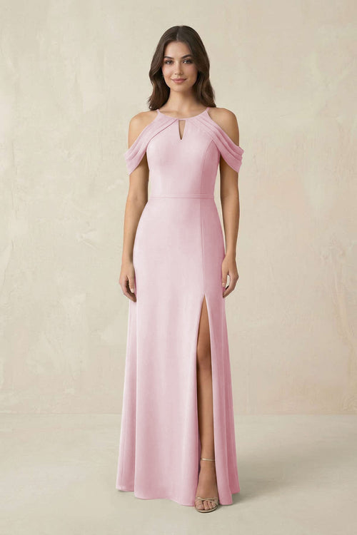 Off - the - Shoulder Chiffon Sheath Bridesmaid Dress With Slit in Candy Pink - KissProm Bridesmaid Dresses
