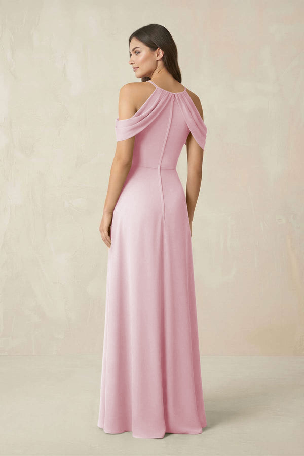 Off - the - Shoulder Chiffon Sheath Bridesmaid Dress With Slit in Candy Pink - KissProm Bridesmaid Dresses