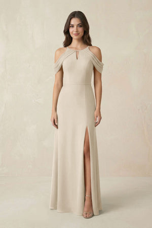 Off - the - Shoulder Chiffon Sheath Bridesmaid Dress With Slit in Champagne - KissProm Bridesmaid Dresses