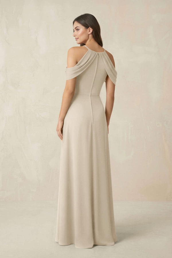 Off - the - Shoulder Chiffon Sheath Bridesmaid Dress With Slit in Champagne - KissProm Bridesmaid Dresses