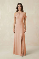 Off - the - Shoulder Chiffon Sheath Bridesmaid Dress With Slit in Champagne Rose - KissProm Bridesmaid Dresses