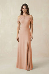 Off - the - Shoulder Chiffon Sheath Bridesmaid Dress With Slit in Champagne Rose - KissProm Bridesmaid Dresses