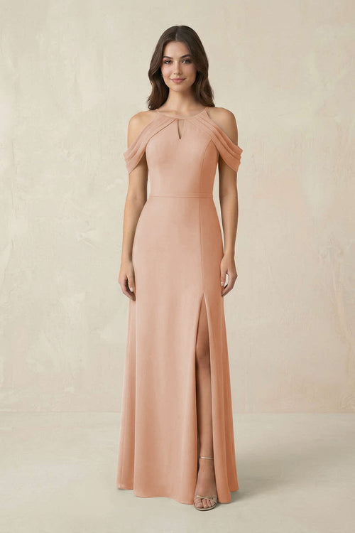 Off - the - Shoulder Chiffon Sheath Bridesmaid Dress With Slit in Champagne Rose - KissProm Bridesmaid Dresses