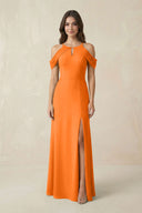 Off - the - Shoulder Chiffon Sheath Bridesmaid Dress With Slit in Cinnamon - KissProm Bridesmaid Dresses