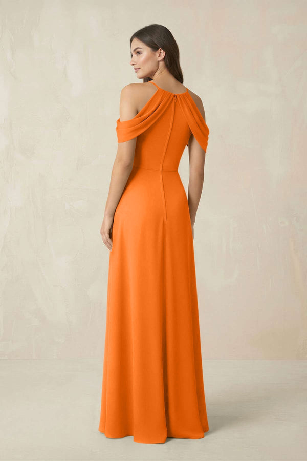 Off - the - Shoulder Chiffon Sheath Bridesmaid Dress With Slit in Cinnamon - KissProm Bridesmaid Dresses