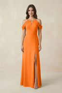 Off - the - Shoulder Chiffon Sheath Bridesmaid Dress With Slit in Cinnamon - KissProm Bridesmaid Dresses