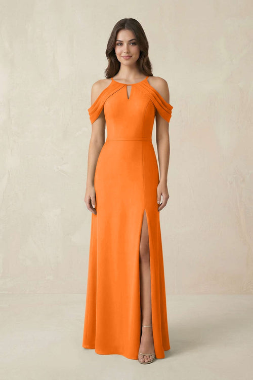 Off - the - Shoulder Chiffon Sheath Bridesmaid Dress With Slit in Cinnamon - KissProm Bridesmaid Dresses