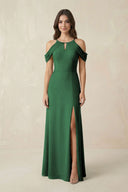 Off - the - Shoulder Chiffon Sheath Bridesmaid Dress With Slit in Dark Green - KissProm Bridesmaid Dresses