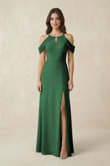 Off - the - Shoulder Chiffon Sheath Bridesmaid Dress With Slit in Dark Green - KissProm Bridesmaid Dresses