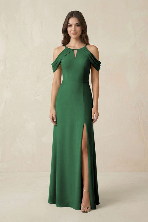 Off - the - Shoulder Chiffon Sheath Bridesmaid Dress With Slit in Dark Green - KissProm Bridesmaid Dresses