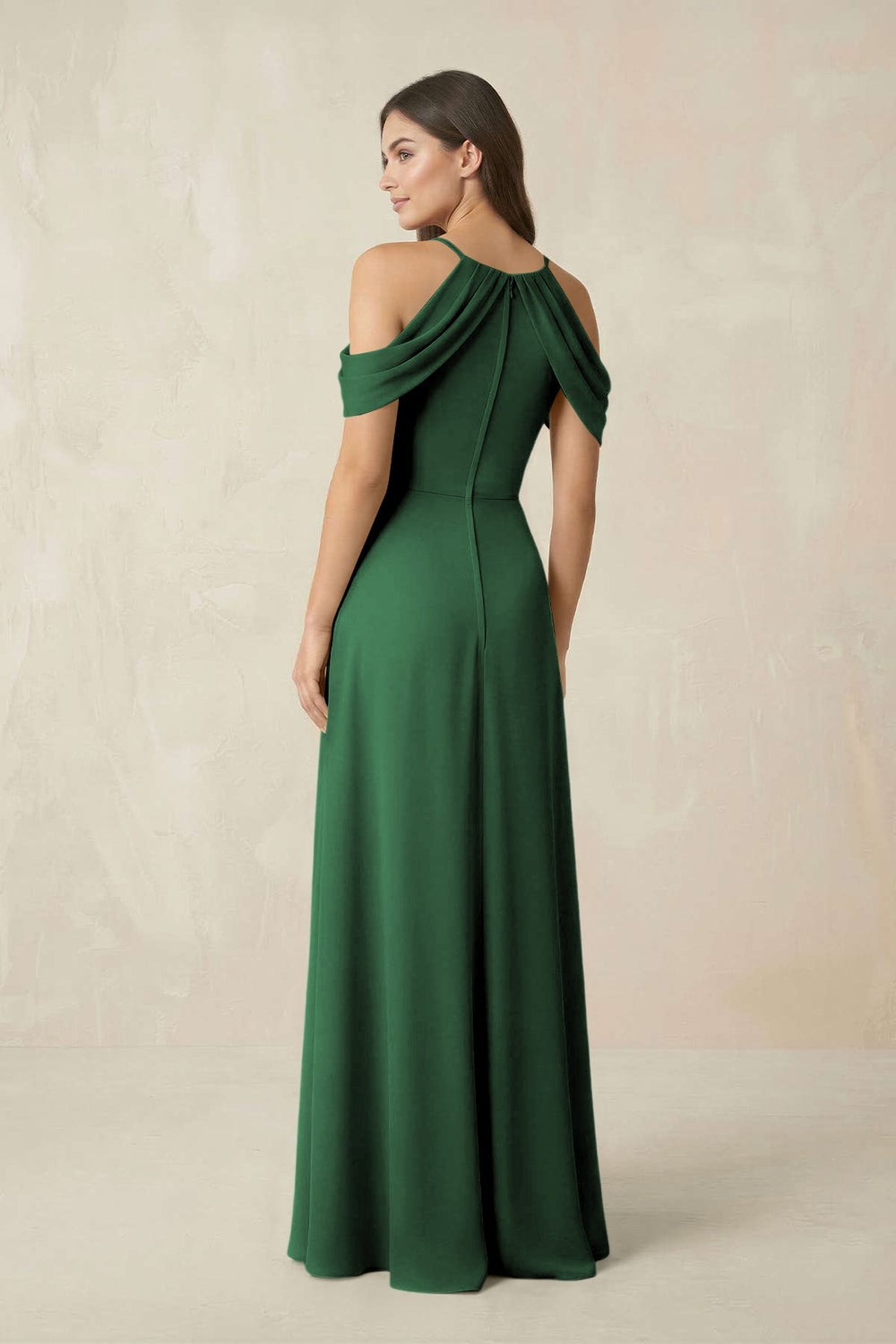 Off - the - Shoulder Chiffon Sheath Bridesmaid Dress With Slit in Dark Green - KissProm Bridesmaid Dresses