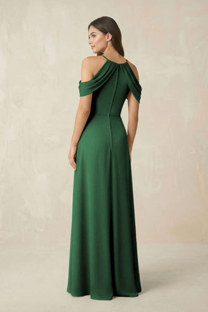 Off - the - Shoulder Chiffon Sheath Bridesmaid Dress With Slit in Dark Green - KissProm Bridesmaid Dresses