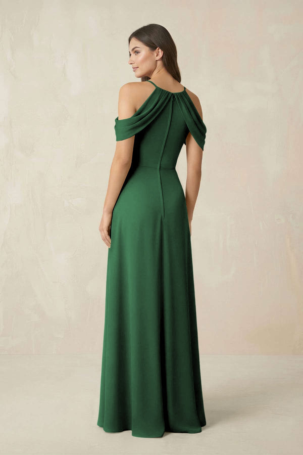 Off - the - Shoulder Chiffon Sheath Bridesmaid Dress With Slit in Dark Green - KissProm Bridesmaid Dresses