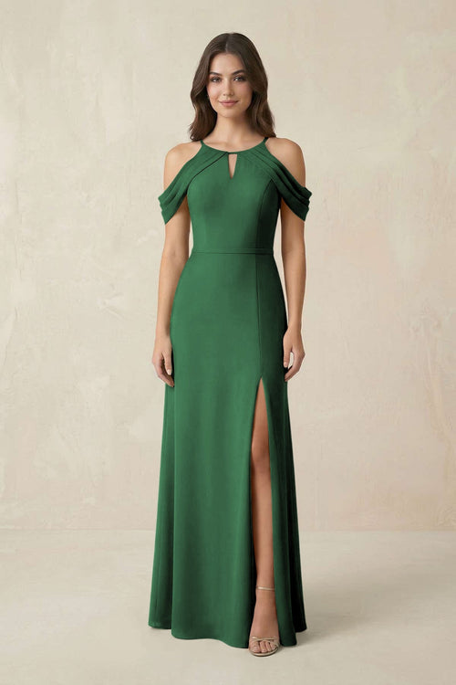 Off - the - Shoulder Chiffon Sheath Bridesmaid Dress With Slit in Dark Green - KissProm Bridesmaid Dresses