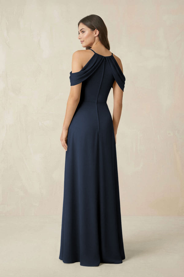 Off - the - Shoulder Chiffon Sheath Bridesmaid Dress With Slit in Dark Navy - KissProm Bridesmaid Dresses