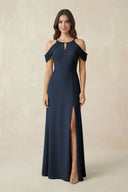 Off - the - Shoulder Chiffon Sheath Bridesmaid Dress With Slit in Dark Navy - KissProm Bridesmaid Dresses
