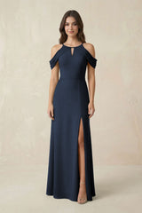Off - the - Shoulder Chiffon Sheath Bridesmaid Dress With Slit in Dark Navy - KissProm Bridesmaid Dresses