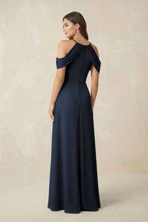 Off - the - Shoulder Chiffon Sheath Bridesmaid Dress With Slit in Dark Navy - KissProm Bridesmaid Dresses