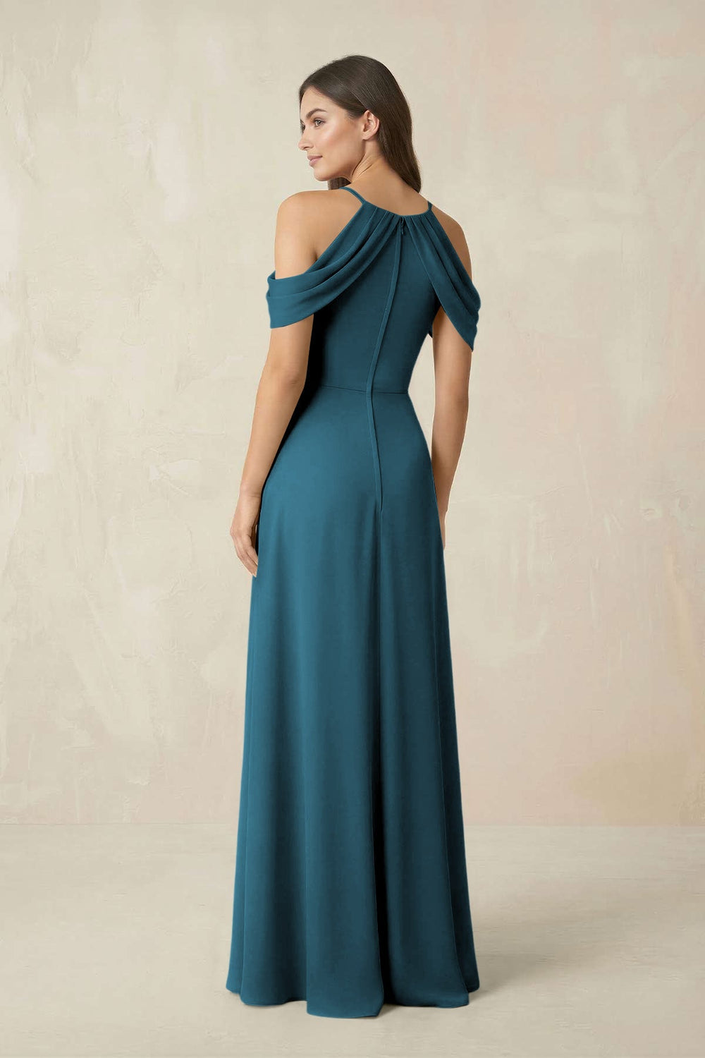 Off - the - Shoulder Chiffon Sheath Bridesmaid Dress With Slit in Dark Teal - KissProm Bridesmaid Dresses