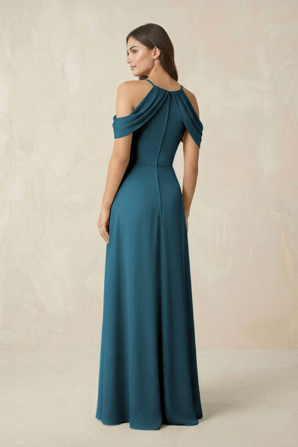 Off - the - Shoulder Chiffon Sheath Bridesmaid Dress With Slit in Dark Teal - KissProm Bridesmaid Dresses