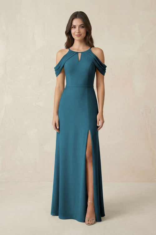 Off - the - Shoulder Chiffon Sheath Bridesmaid Dress With Slit in Dark Teal - KissProm Bridesmaid Dresses