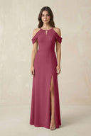 Off - the - Shoulder Chiffon Sheath Bridesmaid Dress With Slit in Desert Rose - KissProm Bridesmaid Dresses