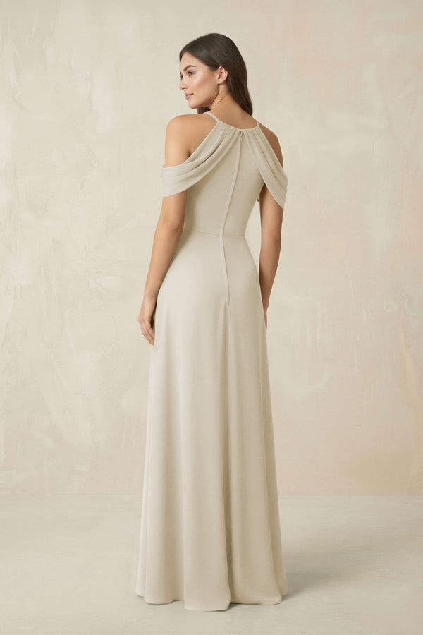 Off - the - Shoulder Chiffon Sheath Bridesmaid Dress With Slit in Dove Gray - KissProm Bridesmaid Dresses
