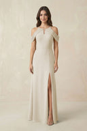 Off - the - Shoulder Chiffon Sheath Bridesmaid Dress With Slit in Dove Gray - KissProm Bridesmaid Dresses