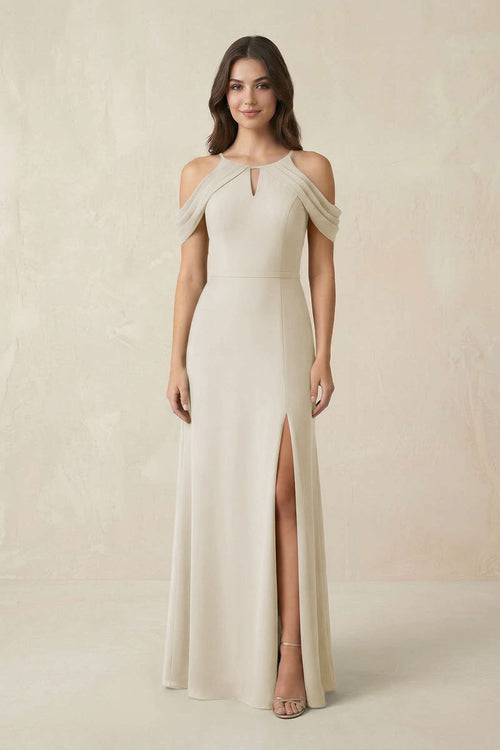 Off - the - Shoulder Chiffon Sheath Bridesmaid Dress With Slit in Dove Gray - KissProm Bridesmaid Dresses