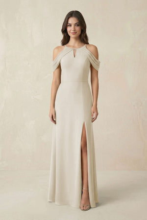Off - the - Shoulder Chiffon Sheath Bridesmaid Dress With Slit in Dove Gray - KissProm Bridesmaid Dresses