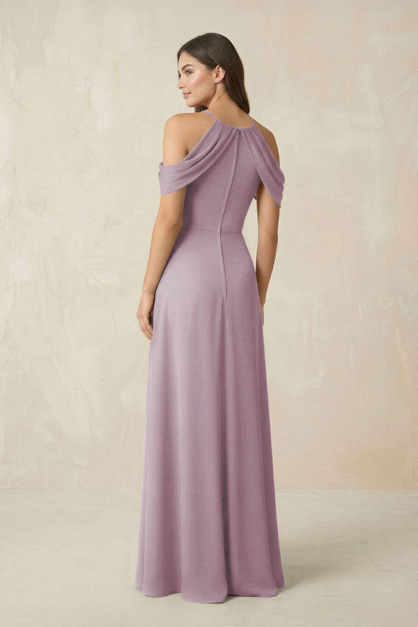 Off - the - Shoulder Chiffon Sheath Bridesmaid Dress With Slit in Dusk - KissProm Bridesmaid Dresses