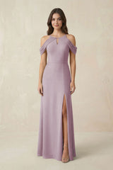 Off - the - Shoulder Chiffon Sheath Bridesmaid Dress With Slit in Dusk - KissProm Bridesmaid Dresses