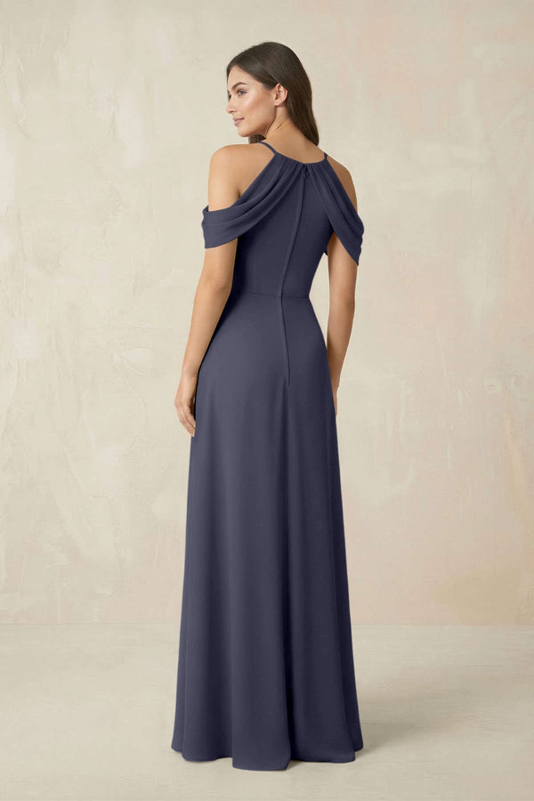 Off - the - Shoulder Chiffon Sheath Bridesmaid Dress With Slit in Dusk Blue - KissProm Bridesmaid Dresses