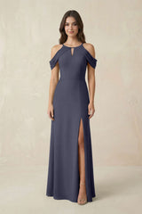 Off - the - Shoulder Chiffon Sheath Bridesmaid Dress With Slit in Dusk Blue - KissProm Bridesmaid Dresses