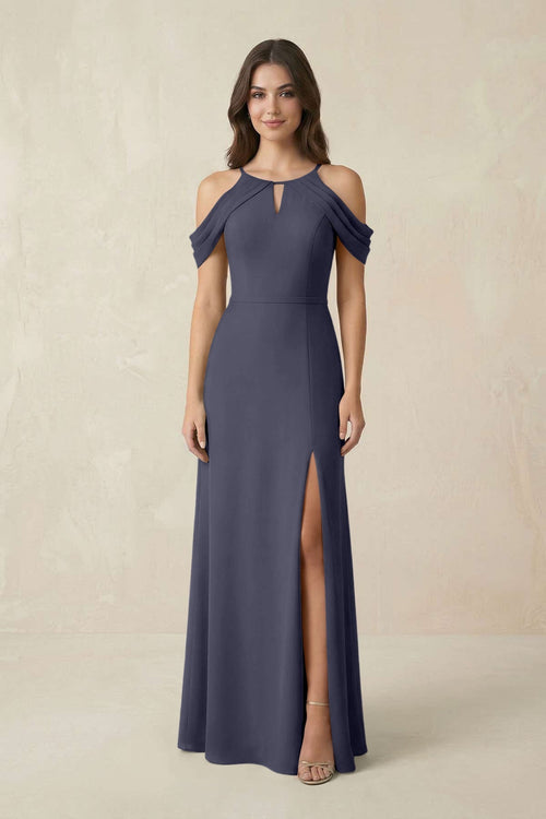 Off - the - Shoulder Chiffon Sheath Bridesmaid Dress With Slit in Dusk Blue - KissProm Bridesmaid Dresses