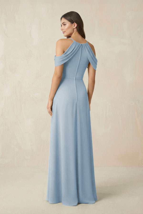 Off - the - Shoulder Chiffon Sheath Bridesmaid Dress With Slit in Dusty Blue - KissProm Bridesmaid Dresses