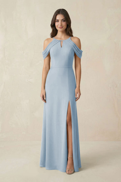 Off - the - Shoulder Chiffon Sheath Bridesmaid Dress With Slit in Dusty Blue - KissProm Bridesmaid Dresses