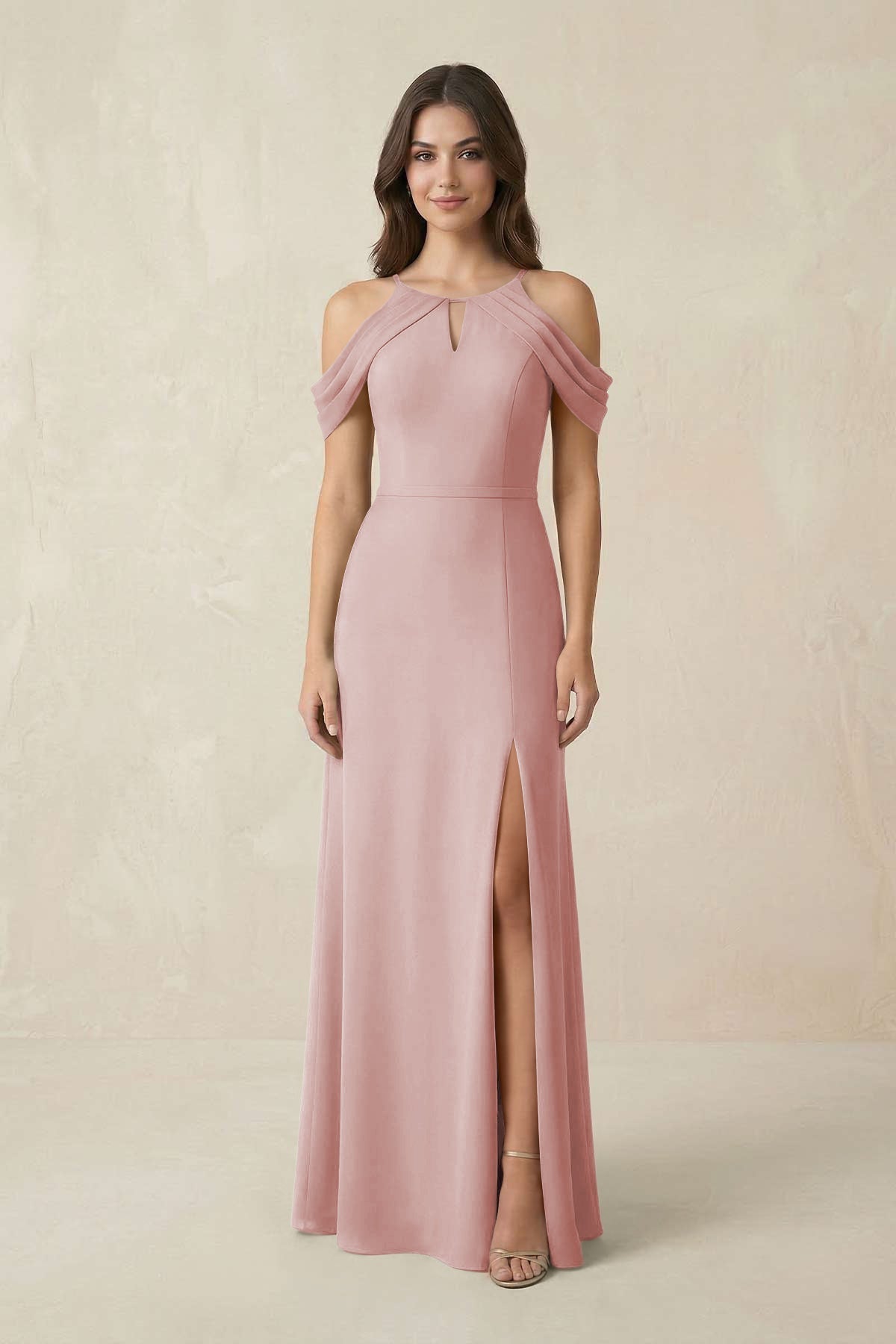KissProm Off-the-Shoulder Chiffon Sheath Bridesmaid Dress With Slit in Dusty Rose, Dusty Rose / 0
