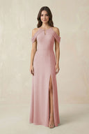 Off - the - Shoulder Chiffon Sheath Bridesmaid Dress With Slit in Dusty Rose - KissProm Bridesmaid Dresses