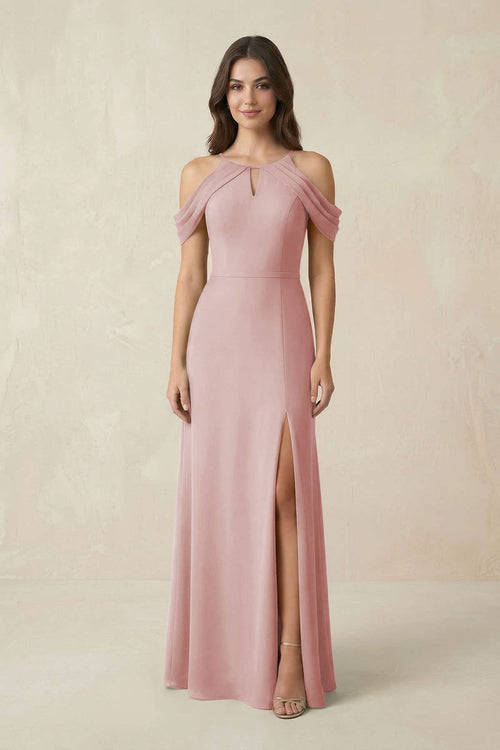 Off - the - Shoulder Chiffon Sheath Bridesmaid Dress With Slit in Dusty Rose - KissProm Bridesmaid Dresses