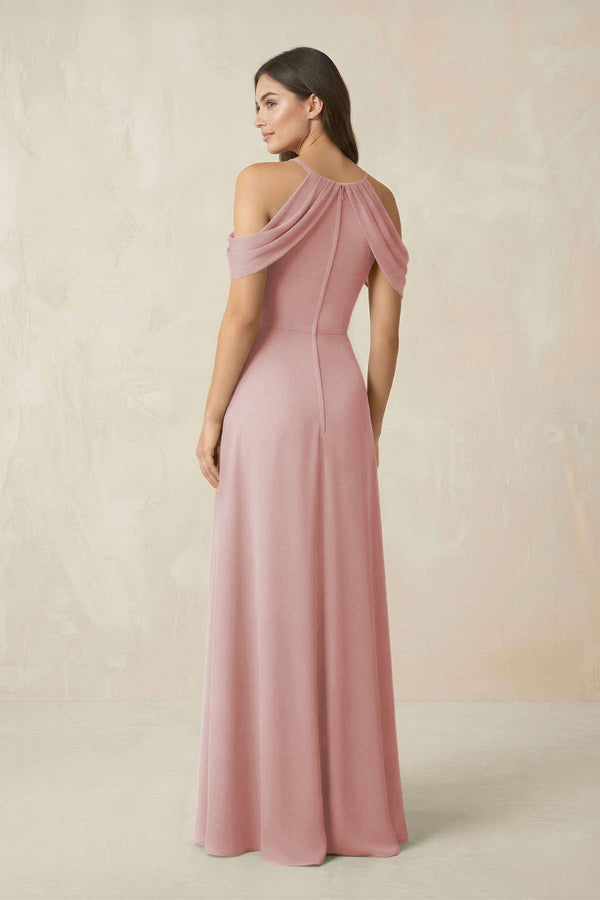 Off - the - Shoulder Chiffon Sheath Bridesmaid Dress With Slit in Dusty Rose - KissProm Bridesmaid Dresses