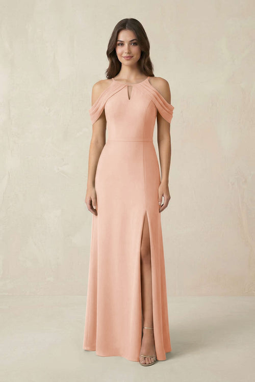 Off - the - Shoulder Chiffon Sheath Bridesmaid Dress With Slit in English Rose - KissProm Bridesmaid Dresses