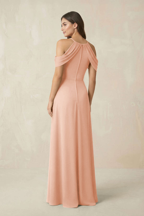 Off - the - Shoulder Chiffon Sheath Bridesmaid Dress With Slit in English Rose - KissProm Bridesmaid Dresses