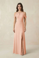 Off - the - Shoulder Chiffon Sheath Bridesmaid Dress With Slit in English Rose - KissProm Bridesmaid Dresses