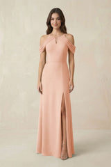 Off - the - Shoulder Chiffon Sheath Bridesmaid Dress With Slit in English Rose - KissProm Bridesmaid Dresses