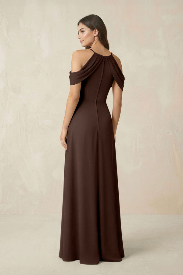 Off - the - Shoulder Chiffon Sheath Bridesmaid Dress With Slit in Espresso - KissProm Bridesmaid Dresses