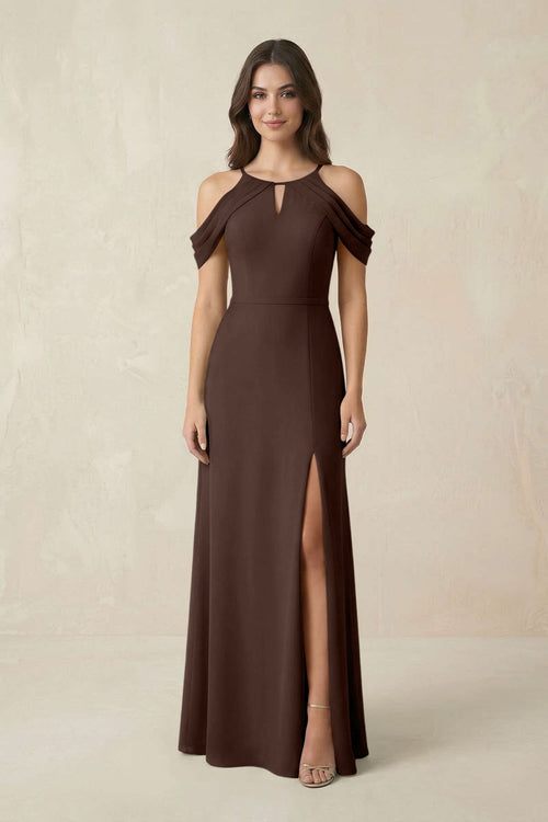 Off - the - Shoulder Chiffon Sheath Bridesmaid Dress With Slit in Espresso - KissProm Bridesmaid Dresses