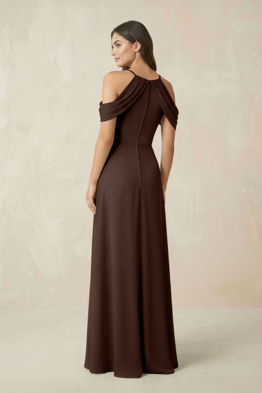 Off - the - Shoulder Chiffon Sheath Bridesmaid Dress With Slit in Espresso - KissProm Bridesmaid Dresses