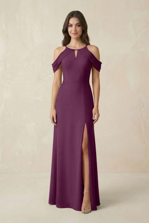 Off - the - Shoulder Chiffon Sheath Bridesmaid Dress With Slit in Fig - KissProm Bridesmaid Dresses