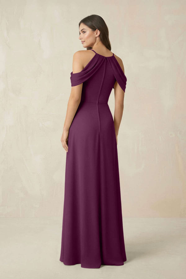 Off - the - Shoulder Chiffon Sheath Bridesmaid Dress With Slit in Fig - KissProm Bridesmaid Dresses